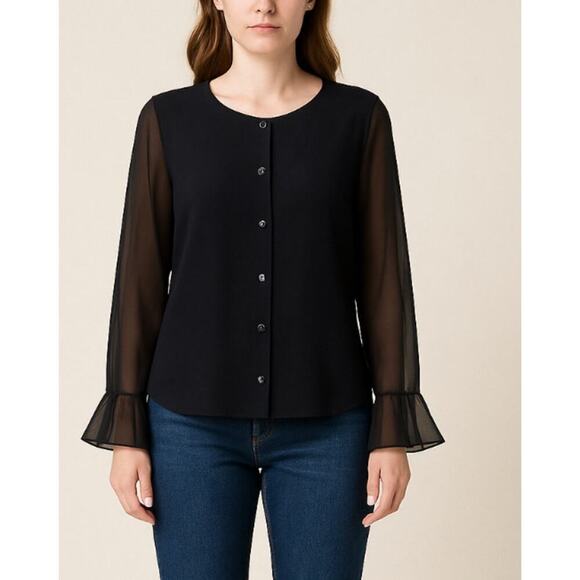 Tribeca Tops - Tribeca Black trumpet ruffle cuff sleeve blouse button up SZ 14 Lightweight